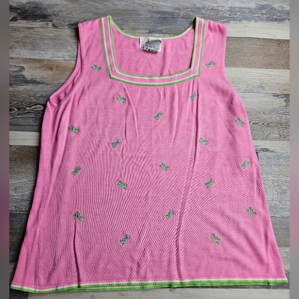 Quacker Factory Vintage 90s Y2K Square Neck Sweater Vest Pink with Grasshoppers